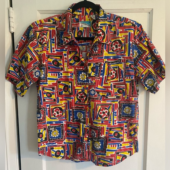 Assemblage Tops - Vintage Assemblage 80s Geometric Shape Button Down Shirt with Shoulder Pads - M
